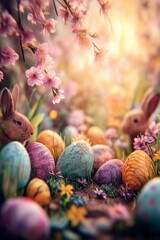 Obraz premium Little bunnies finding colorful Easter eggs in spring garden. Cute bunnies celebrating Easter surrounded by decorated eggs and blooming cherry blossoms