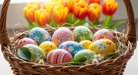 Colorful Easter Eggs in Wicker Basket.