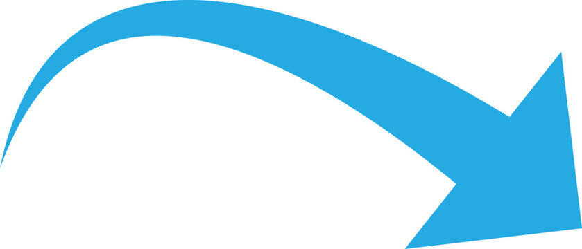 A clean blue arrow icon with a smooth downward curve. Perfect for user interface design, navigation buttons, or indicating a decrease in data. Vector illustration. Eps 10