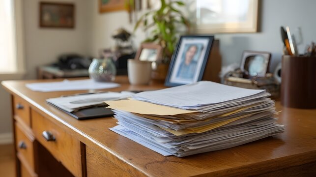A wooden desk in a home study is covered with stacks of papers and envelopes a framed photo and a potted plant