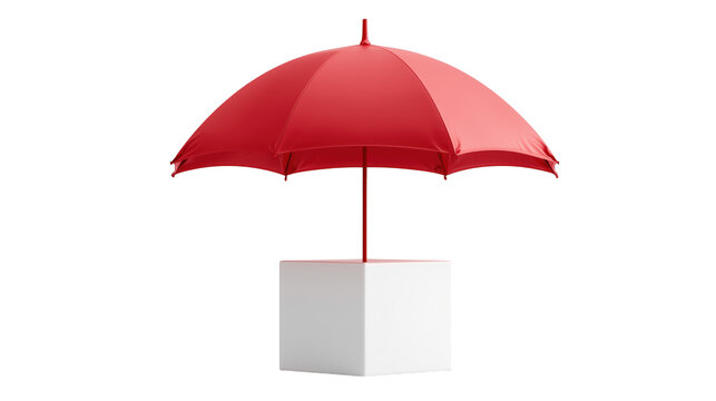 Red umbrella protecting white box concept isolated on white for insurance coverage advertising.

