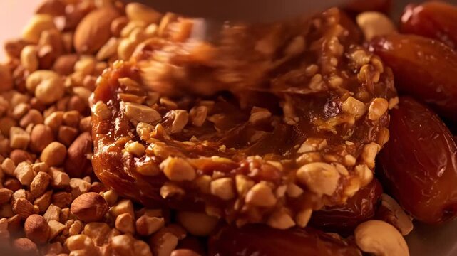 A spoon presses a date into a mix of various chopped nuts. This creates a delicious, healthy, and natural sweet snack.