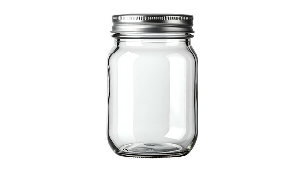 A clear, empty glass jar with a silver lid, against a black background