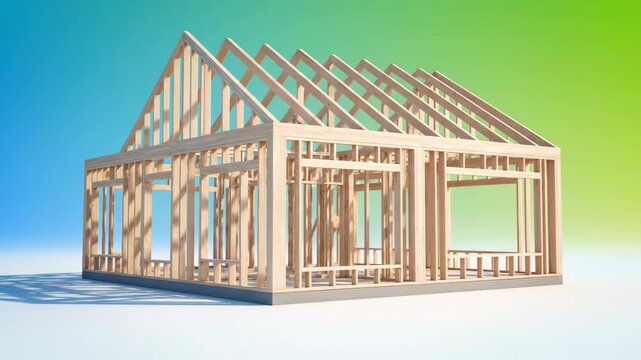 Blueprint transforms into a wooden house frame, symbolizing construction. Architectural plans evolve into a tangible home structure, representing building.