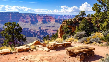 Expansive scenic view showcasing a vast canyon, layered with colorful rock formations, under a bright blue sky dotted with clouds