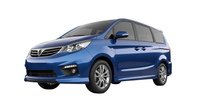 Blue minivan isolated PNG on transparent background, family vehicle for transportation and travel, spacious car for road trips and vacations