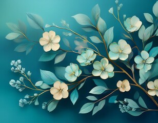 beautiful wide panoramic plant branch with small flowers and leaves wallpaper banner in blue color background