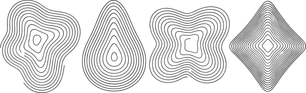 Vector illustration of abstract contour plots in black-and-white line art symbolizing geography, mathematics, physics, scalar fields, and visualization