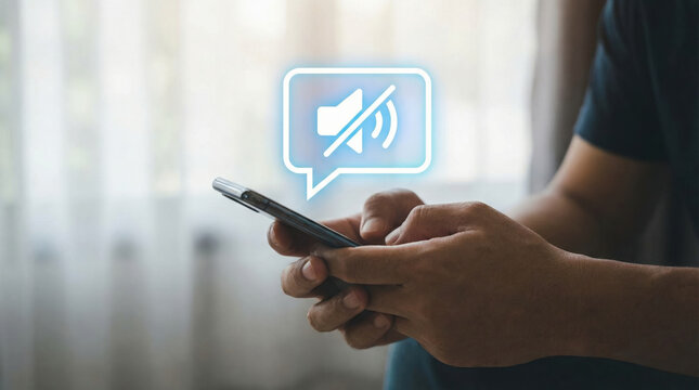 Person hand holding smartphone turning on silent mode. blue mute icon hologram above mobile phone representing no sound for privacy, quiet and focus