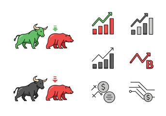 Minimal flat vector logo of bull vs bear stock market battle