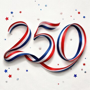 A vibrant display features the number 250 in red, white, and blue ribbons, accented with smaller stars in coordinating colors