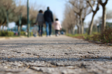 Fototapeta premium Family walking together along a tree-lined path in a park, with a focus on the textured ground and blurred figures in the background during a sunny day, ideal for outdoor leisure, nature walks