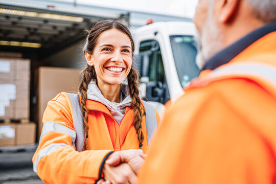 Two delivery workers in orange uniforms shake hands near a van filled with packages, smiling and showing teamwork and cooperation.