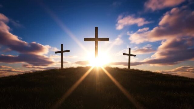 Three crosses on a hill at sunset