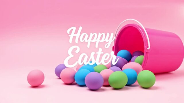 A pink bucket with colorful eggs and happy easter text on pink background