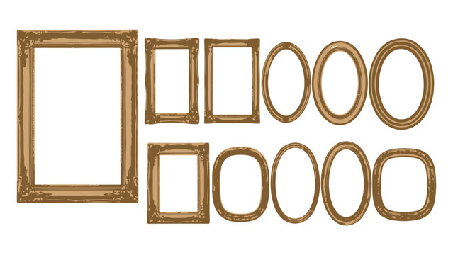 A collection of gold picture frames in various shapes and sizes arranged on a white background.