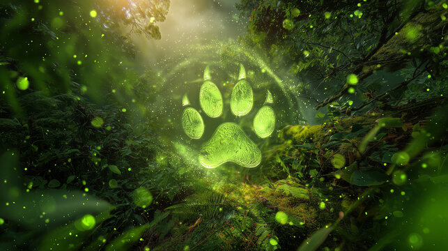 Green glowing paw print illustration surrounded by lush foliage and ethereal light, concept of wildlife conservation, biodiversity, endangered species and environmental awareness
