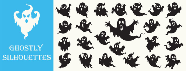 Obraz premium A collection of ghostly silhouettes in various poses on a grey background with a blue logo.