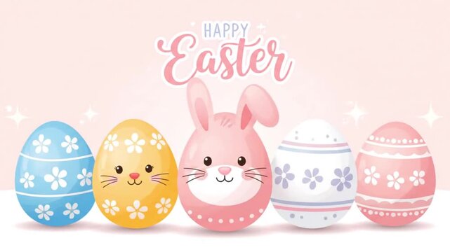 A pink bunny and decorated eggs with a happy easter message