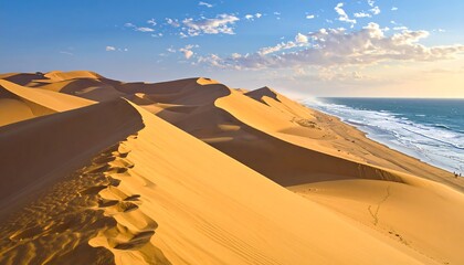 Expansive view showcasing rolling, golden sand dunes meeting the rhythmic ocean waves, with a vibrant blue sky