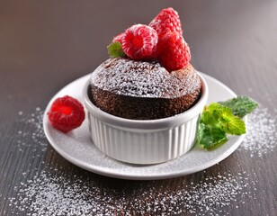 delicious chocolate lava cake in a cup is topped with raspberries mint leaves and powdered sugar drizzle