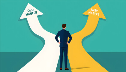 Old habits vs new habits concept, businessman standing in front of arrow written old vs new habits, dilemma choice, positive thinking and motivation to change for better