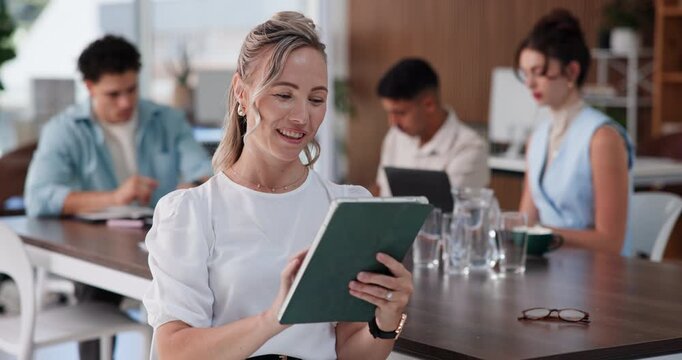 Meeting, review or woman with tablet in media agency, planning editorial calendar or publication admin. Digital magazine, research or manager with report for production, tech or reading agenda