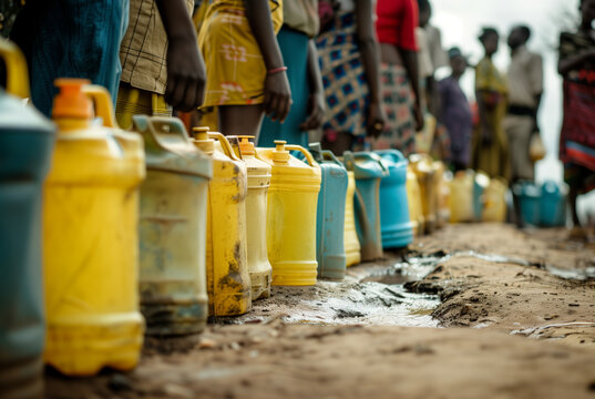 Group of Black people standing in line beside water containers on a dirt path, waiting to collect water from a nearby source, humanitarian water crisis concept, for themes about access to clean water