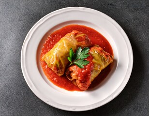 cabbage rolls with tomato sauce and parsley garnish resting on white plate