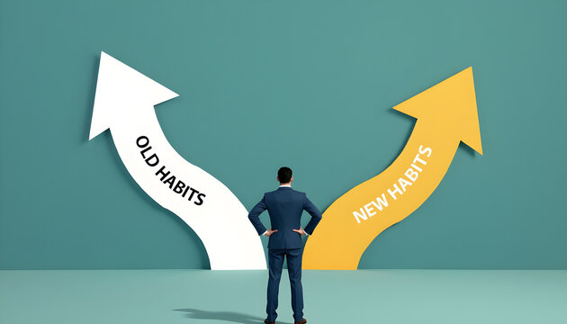 Old habits vs new habits concept, businessman standing in front of arrow written old vs new habits, dilemma choice, positive thinking and motivation to change for better