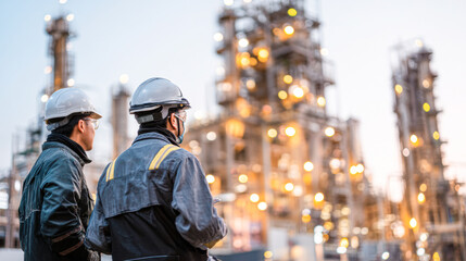 Obraz premium Two engineers wearing protective helmets and jackets inspect an industrial refinery plant with blurred structures and glowing lights in the background.