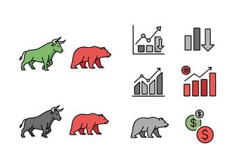 Minimal flat vector logo of bull vs bear stock market battle,