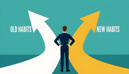 Old habits vs new habits concept, businessman standing in front of arrow written old vs new habits, dilemma choice, positive thinking and motivation to change for better