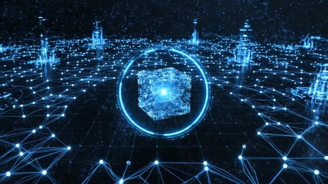 Digital data cube processing information within a glowing network background