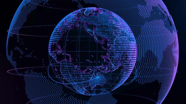 Futuristic rotating digital earth globe with binary code and data points. World map and digital globe with data points, global network animation, The globe land planet.