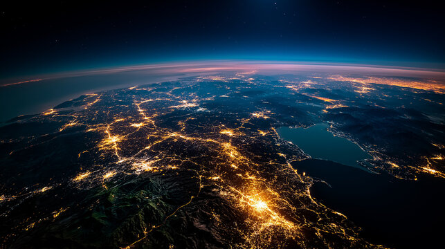 AI generator images of aerial view of the Earth from space at night shows the lights of various cities. The bright lights indicate the population density and urban areas at night.