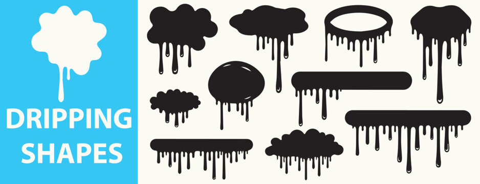 A collection of black dripping shapes on a gray background with a blue sidebar.