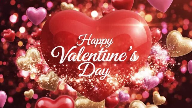 Floating hearts with a large central heart displaying "Happy Valentine's Day." Blurred background