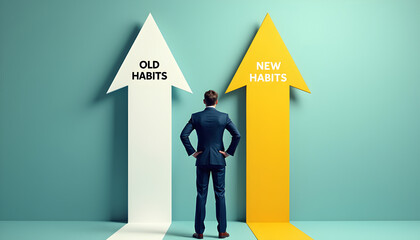 Old habits vs new habits concept, businessman standing in front of arrow written old vs new habits, dilemma choice, positive thinking and motivation to change for better