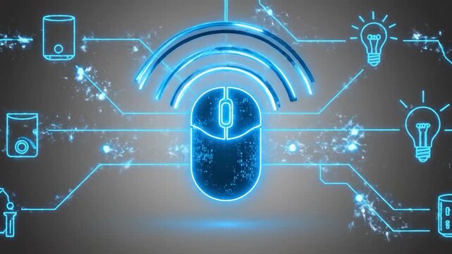 Digital computer mouse icon emitting Wi-Fi signals connecting various smart