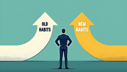 Old habits vs new habits concept, businessman standing in front of arrow written old vs new habits, dilemma choice, positive thinking and motivation to change for better