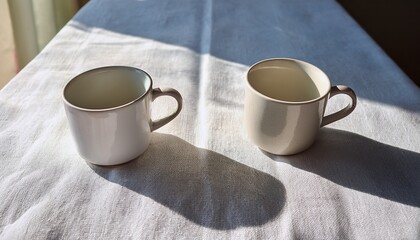 two elegant ceramic mugs sit on a white tablecloth illuminated by gentle morning sunlight creating beautiful patterns of light and shadow around them