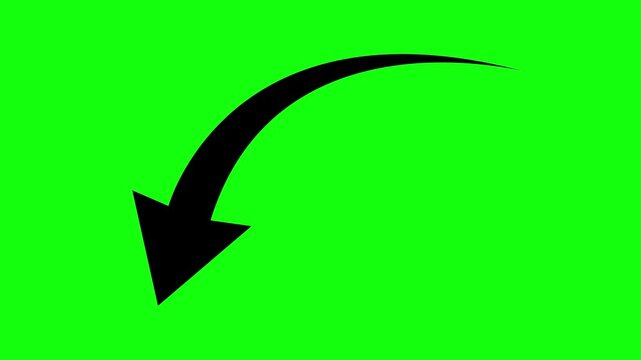 Minimalist Black Curved Arrow Pointing Down Animation on Green Screen Chroma Key Background