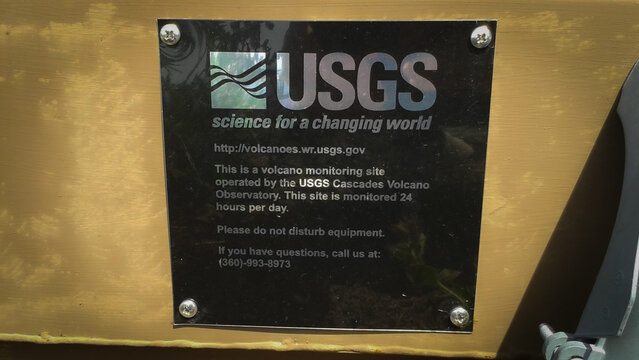 Oregon, USA: June 27, 2015: A sign from the USGS Cascades Volcano Observatory (CVO) in Mount Hood, providing information about a volcano monitoring site.  For Editorial Use.