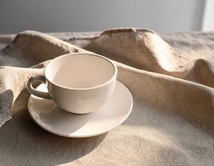 minimal mockup with a blank white coffee cup and saucer on a textured linen napkin natural morning light