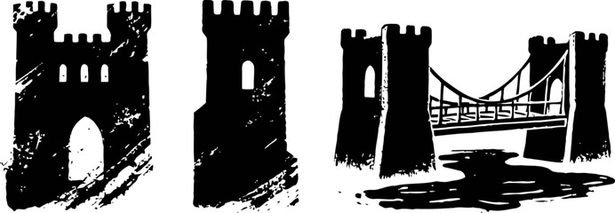 Obraz premium medieval castle towers and arched bridge in silhouette with water reflection