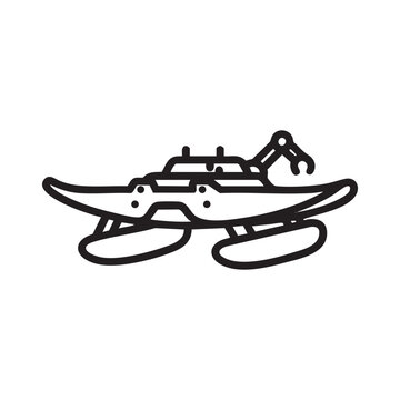 A black and white drawing of a hovercraft with a crane