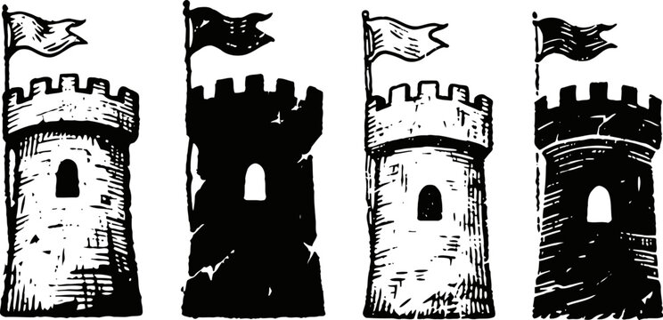 Medieval castle towers with flags in black and white vintage illustration set