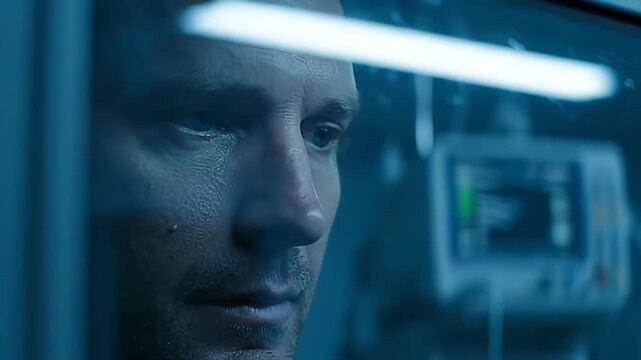 Close-up of a Sad or Worried Man's Face Through a Transparent Screen in a Hospital Room with Blurry Medical Monitor in Background, Patient or Grieving Family Member in a Crisis Situation