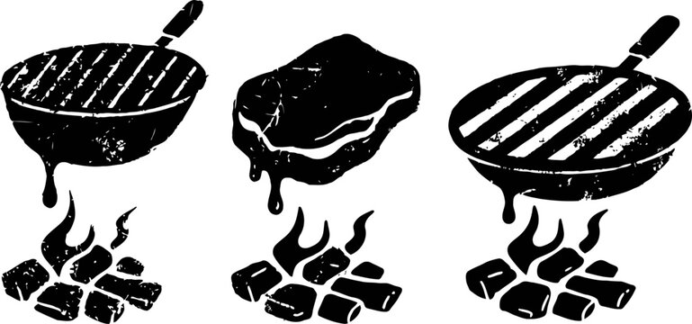 Grunge barbecue grill and sponge icons with flames and charcoal coals for cooking concept